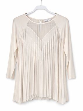 Bailey 44 Pleated Sheer Blouse Ivory Cream Long Sleeve Raw Edge Hem Size S